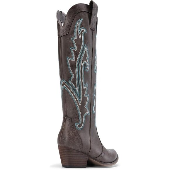 DREAM PAIRS Womens Brown Cowboy Boots Wide Calf Knee High Ladies - Picture 6 of 9